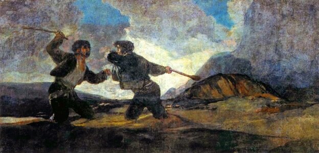'Duelo a garrotazos', cuadro titulado también 'La riña', obra de Goya perteneciente a la serie de pinturas negras que se exhibe en el Museo del Prado.