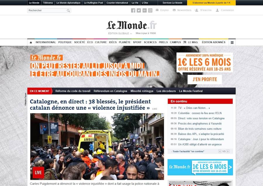 El diario francés Le Monde también abre la web con un directo sobre la jornada: "Cataluña en directo: 38 heridos, el presidente catalán denuncia la violencia injustificada".