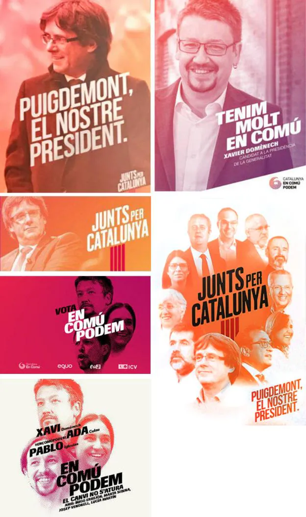 Catalunya en Comú Podem denunció ayer el plagio de sus carteles electorales por parte de Junts per Catalunya. :: r. c.