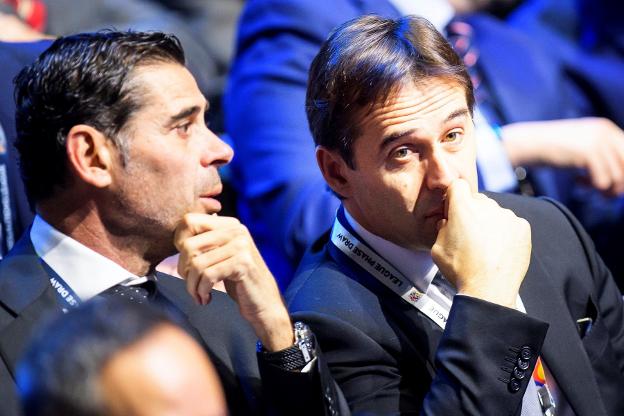 Fernando Hierro y Julen Lopetegui, ayer en Lausana. :: efe