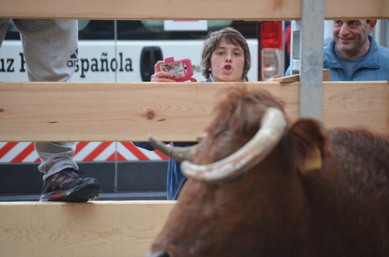 Al chupinazo celebrado por la mañana le siguió por la tarde el primer encierro de reses bravas. Sólo los más ‘valientes’ se atrevieron con el espectáculo. Y es que había que armarse de valor para soportar el frío y la lluvia que se apropiaron de la tarde en Calahorra. Al final, con gorros y paraguas, los aficionados disfrutaron de las vacas en la calle y de los saltos y quiebros de los recortadores en la plaza. Antes de la exhibición se guardó un minuto de silencio por el calagurritano Chema García, fallecido esta semana y gran aficionado al mundo taurino, y en especial a los encierros. 