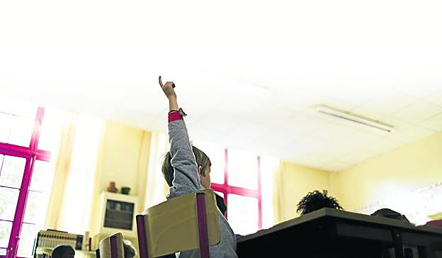 Un niño levanta la mano en su aula para pedir permiso para hablar. :: lr