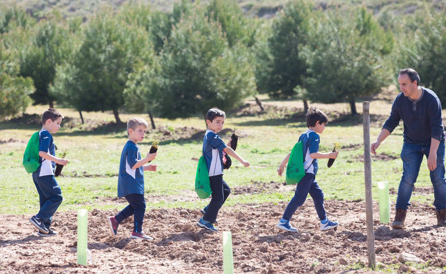 Cuca Gamarra y unos 200 escolares de la ciudad han participado en la tradicional plantación de encinas y pinos en el parque de La Grajera