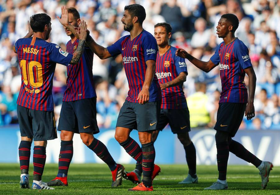 El conjunto azulgrana se llevó los tres puntos en Anoeta, tras un partido en el que la Real Sociedad comenzó adelantándose pero en el que el Barcelona se impuso gracias a los goles de Luis Suárez y Dembélé