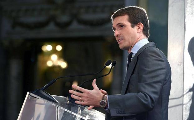 El presidente del PP, Pablo Casado, este lunes en el Foro ABC-Deloitte.