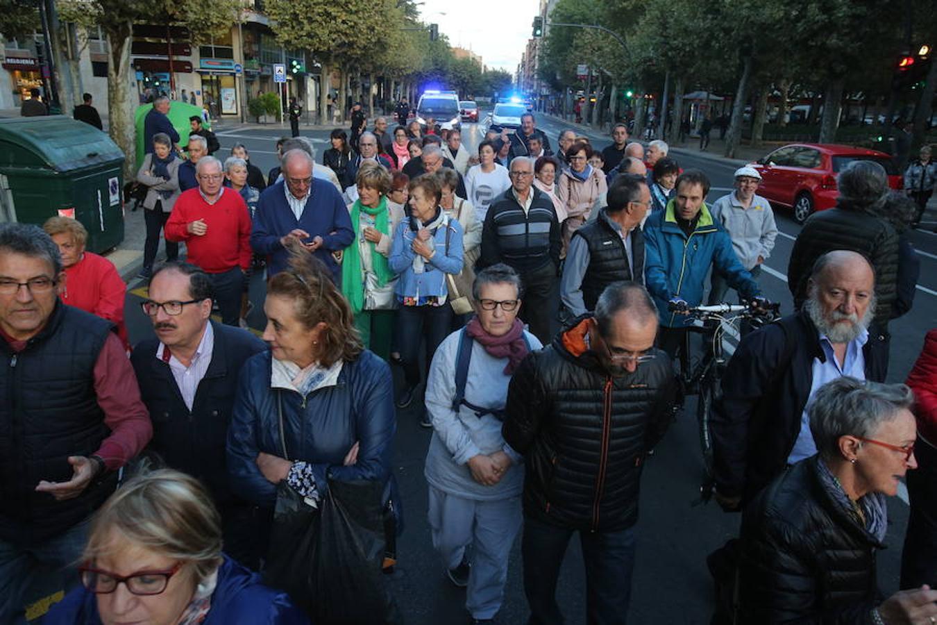 Alrededor de medio millar de personas se han manifestado hoy por el centro de Logroño para reclamar la «defensa» de las pensiones públicas y que su revalorización se blinde en la Constitución.