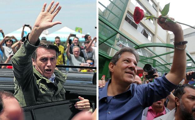 Bolsonaro con chaleco antibalas; y Hadad con una rosa, ambos tras depositar su voto.