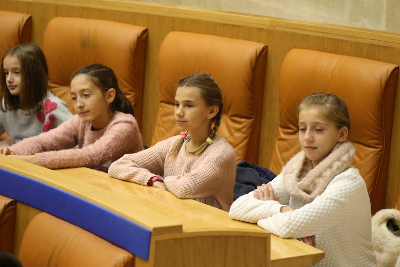 Un grupo de escolares de quinto de Primaria del Colegio Villapatro de Lardero han leído hoy, en el Parlamento de La Rioja, unos manifiestos, que previamente habían redactado junto a sus profesores, sobre cuatro derechos de la infancia en el acto del Día del Niño.