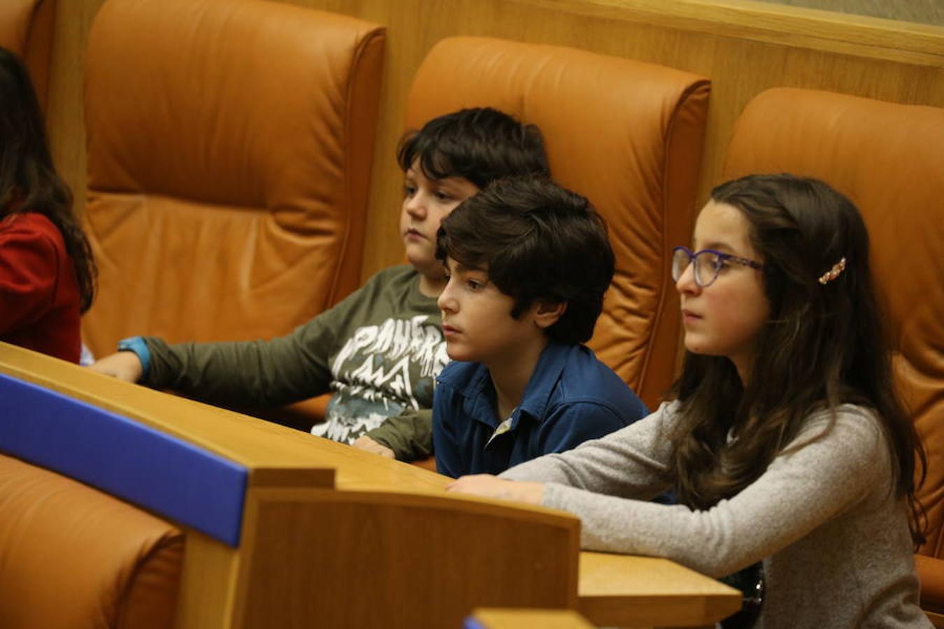 Un grupo de escolares de quinto de Primaria del Colegio Villapatro de Lardero han leído hoy, en el Parlamento de La Rioja, unos manifiestos, que previamente habían redactado junto a sus profesores, sobre cuatro derechos de la infancia en el acto del Día del Niño.