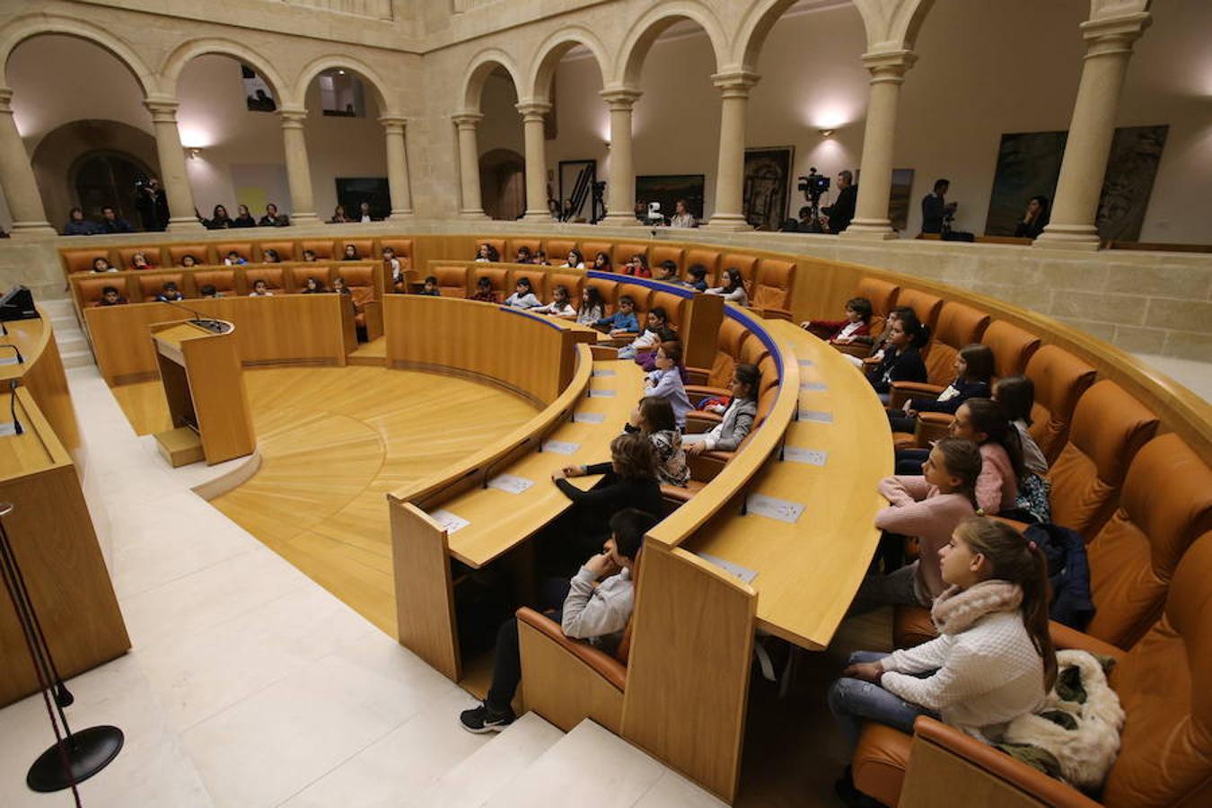 Un grupo de escolares de quinto de Primaria del Colegio Villapatro de Lardero han leído hoy, en el Parlamento de La Rioja, unos manifiestos, que previamente habían redactado junto a sus profesores, sobre cuatro derechos de la infancia en el acto del Día del Niño.