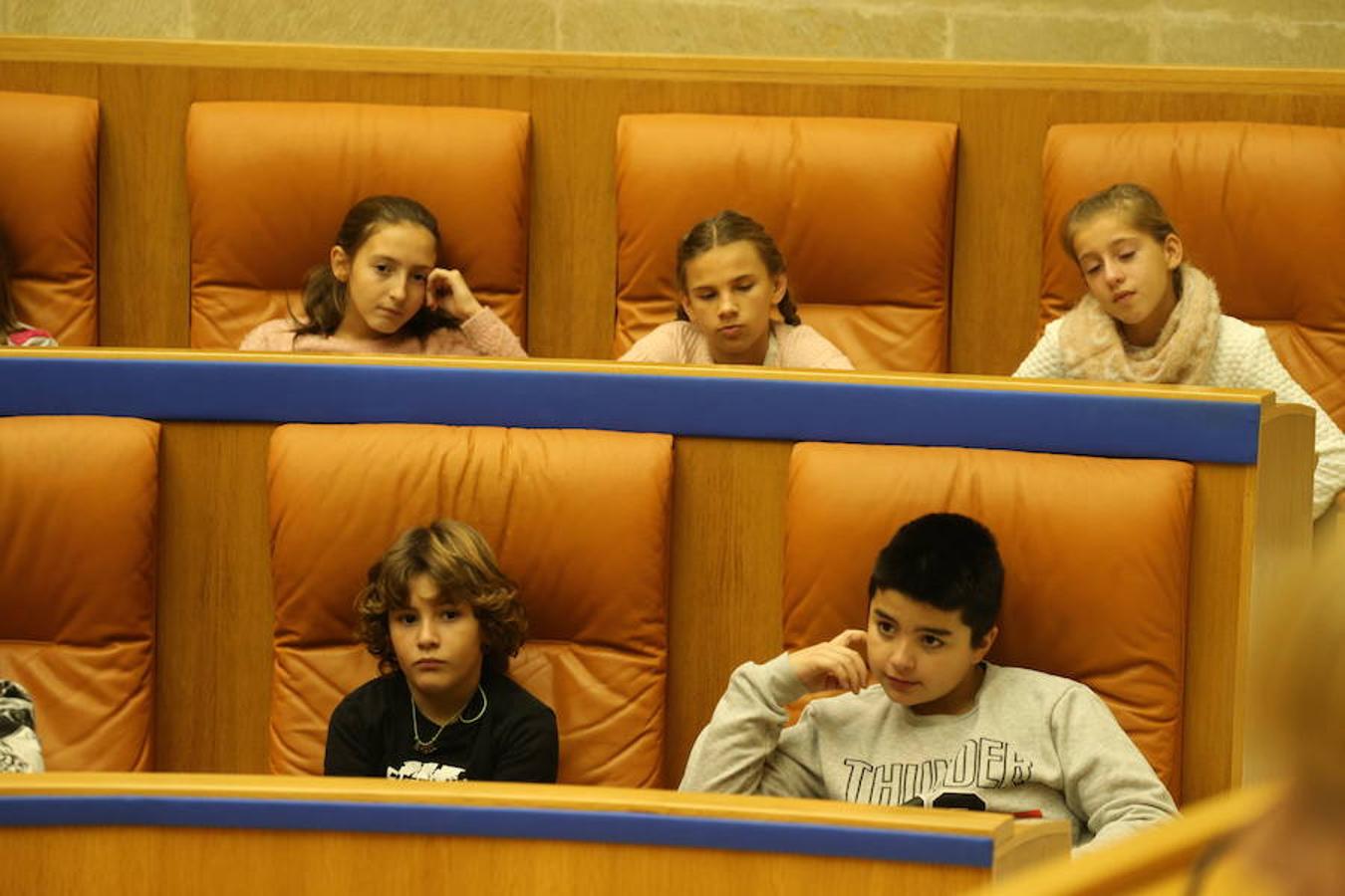 Un grupo de escolares de quinto de Primaria del Colegio Villapatro de Lardero han leído hoy, en el Parlamento de La Rioja, unos manifiestos, que previamente habían redactado junto a sus profesores, sobre cuatro derechos de la infancia en el acto del Día del Niño.