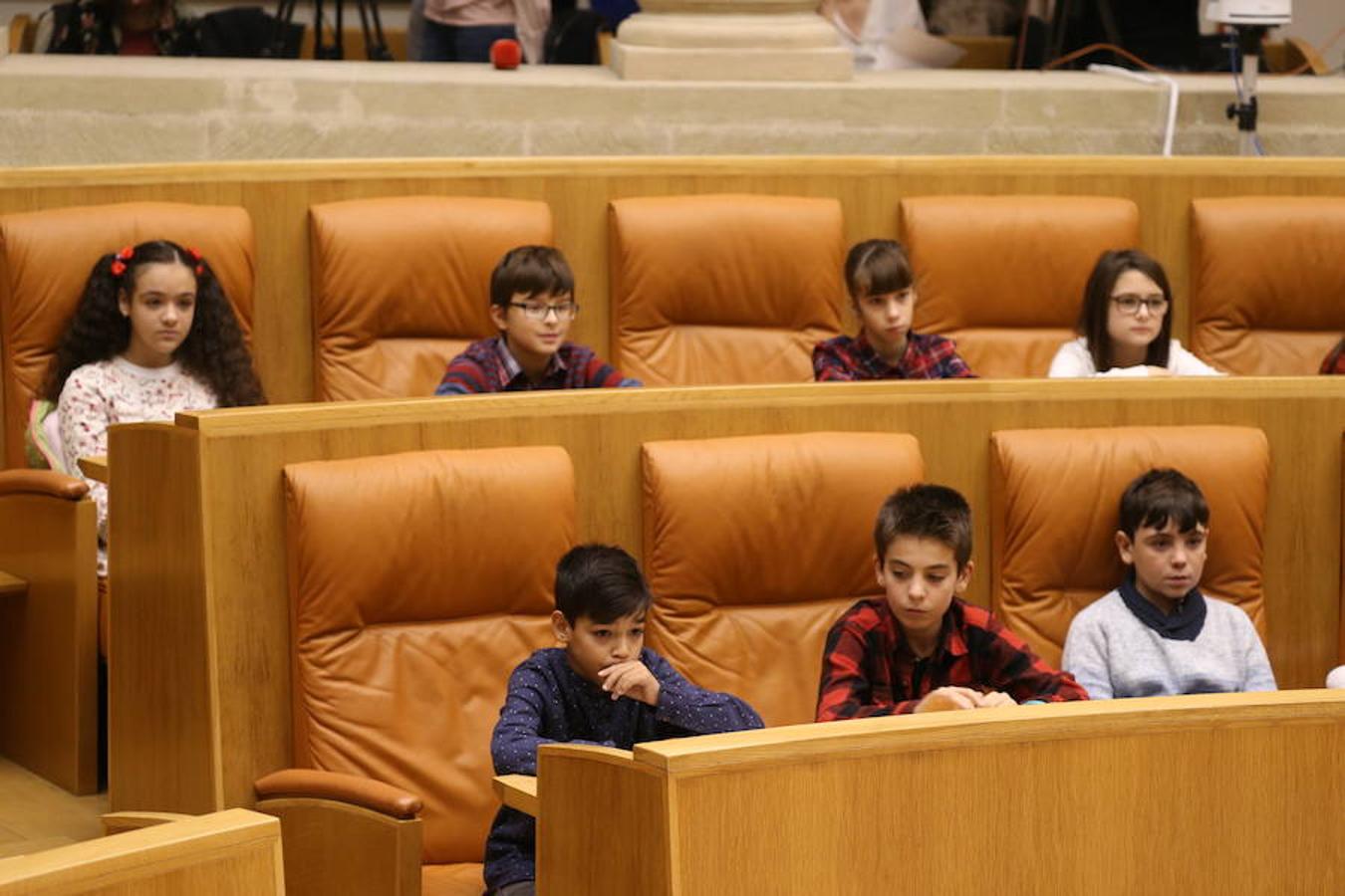 Un grupo de escolares de quinto de Primaria del Colegio Villapatro de Lardero han leído hoy, en el Parlamento de La Rioja, unos manifiestos, que previamente habían redactado junto a sus profesores, sobre cuatro derechos de la infancia en el acto del Día del Niño.