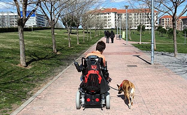 Persona con discapaciad paseando al perro. 