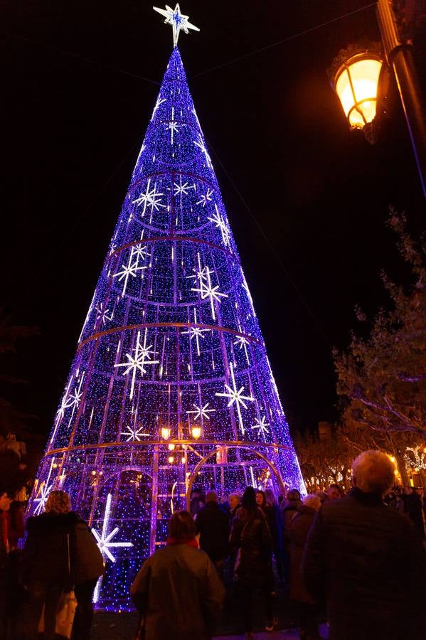 Esta tarde se ha encendido el árbol cónico, que tiene una altura de 20 metros más la estrella y de cinco metros de diámetro, en el paseo de El Espolón logroñés