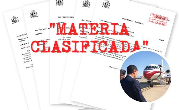 Algunas de las 46 respuestas estereotipadas usadas por el Gobierno. Abajo, Sánchez con el Falcon.