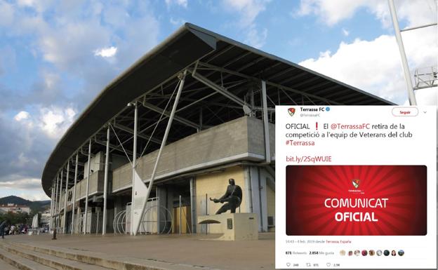Estadio Olímpico de Tarrasa, donde ocurrieron los hechos, junto al tuit del Terrassa al respecto.