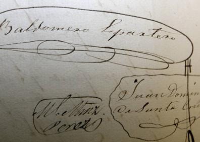 Imagen secundaria 1 - Documento notarial del siglo XVI, las firmas de Espartero, su esposa Jacinta y Juan Domingo Santa Cruz y las obras de construcción del Archivo en 1981.