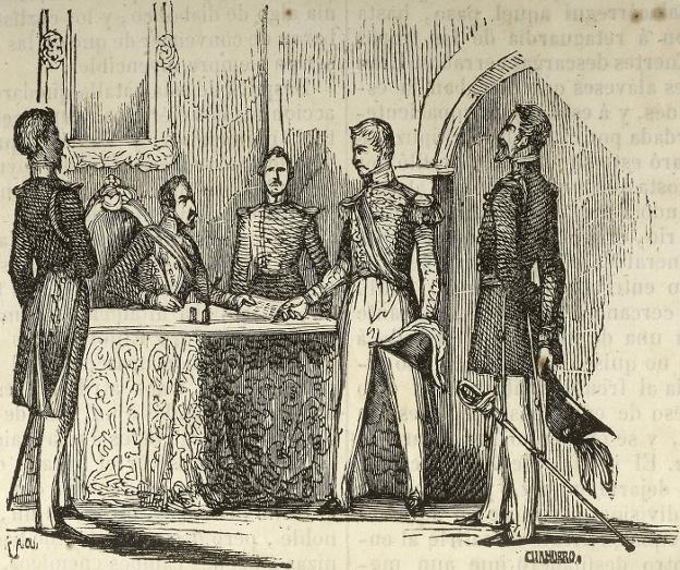 El general Valdés firma en Logroño el Convenio de Eliot ante el mediador inglés. Después lo haría el representante carlista. 