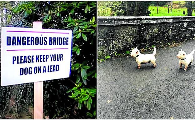 Un cartel previene de llevar atadas a las mascotas al cruzar el Overtoun.