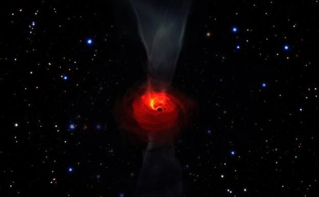 Simulación de un agujero negro rodeado de materia luminosa.