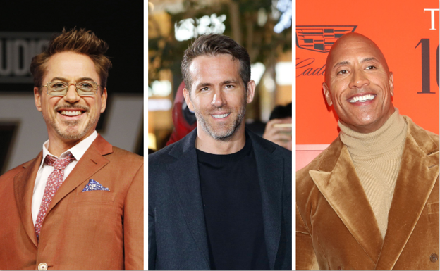 Los actores Robert Downey Jr., Ryan Reynolds y Dwayne Johnson.