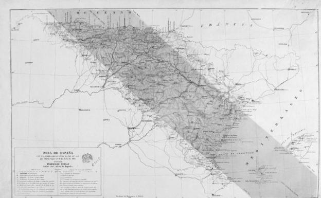 Mapa de Coelho sobre el eclipse solar de 1860, con La Rioja en plena zona de sombra 