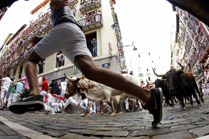 Fotos: Segundo encierro de San Fermín muy veloz y limpio de los toros de Cebada Gago