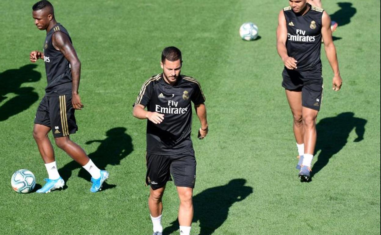 Eden Hazard, durante el último entrenamiento del Madrid previo al duelo ante el Celta.