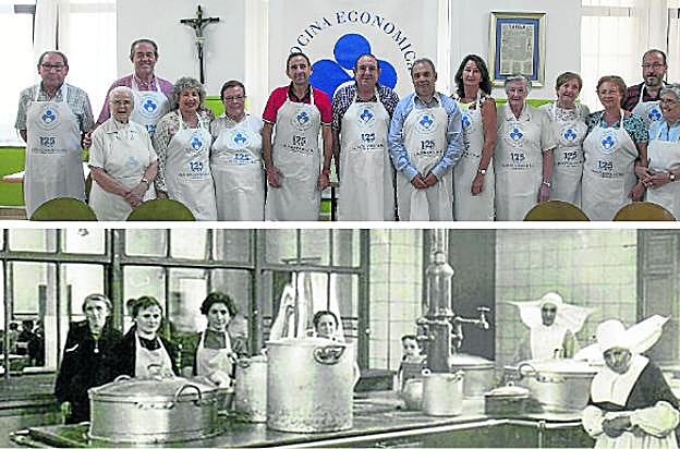 Arriba, miembros de la Cocina Económica, ataviados con el delantal de los 125 años, en el comedor de la entidad; abajo, hijas de la Caridad y sus ayudantes, en la cocina donde se preparaba el alimento para los más necesitados de la ciudad en 1911. 
