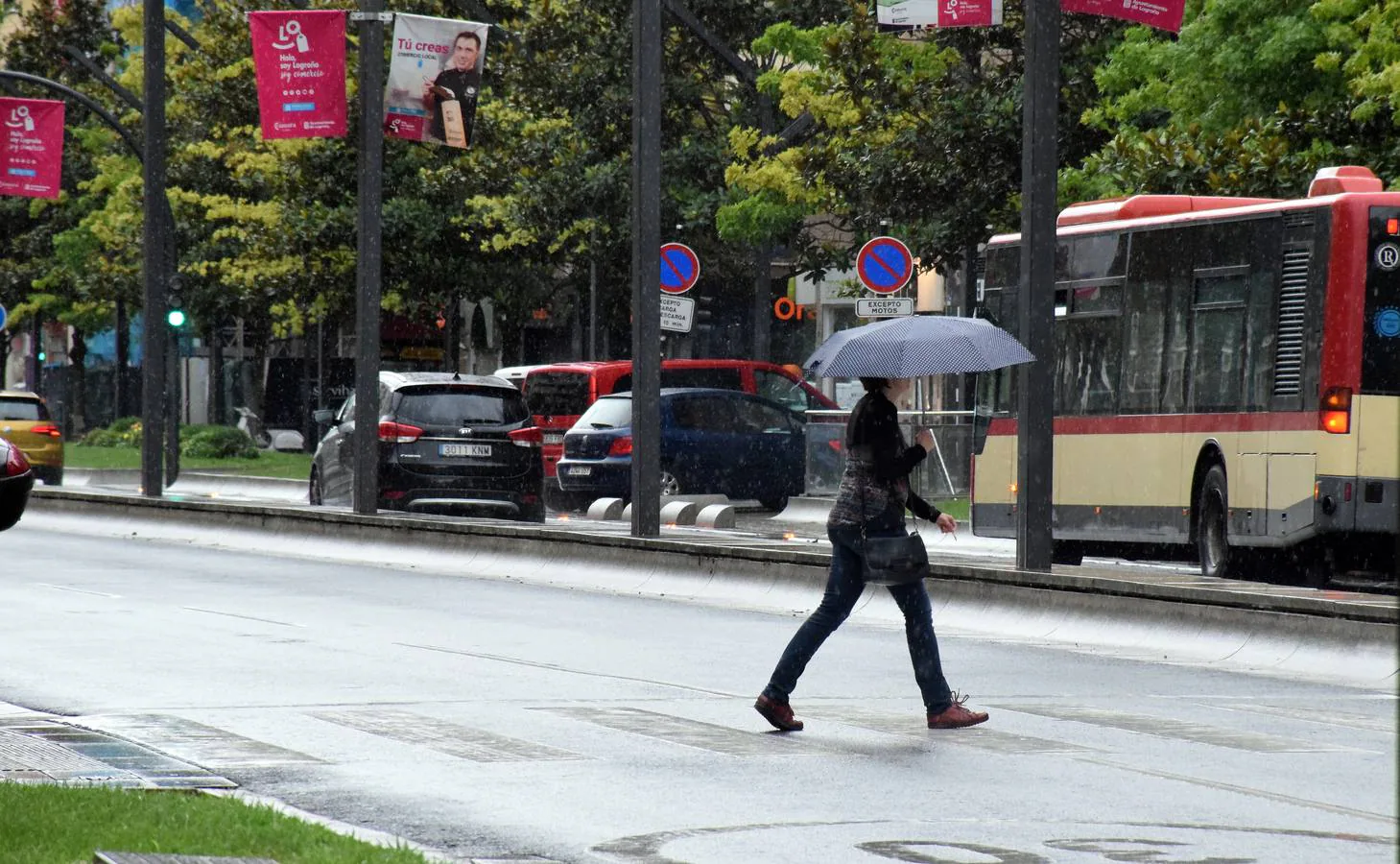 Un peatrón se refugia de la lluvia en una calle logroñesa.