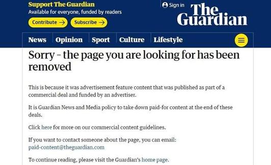 Al intentar acceder a la entrevista, The Guardian dice que ha sido retirada por ser un contenido publicitario. 