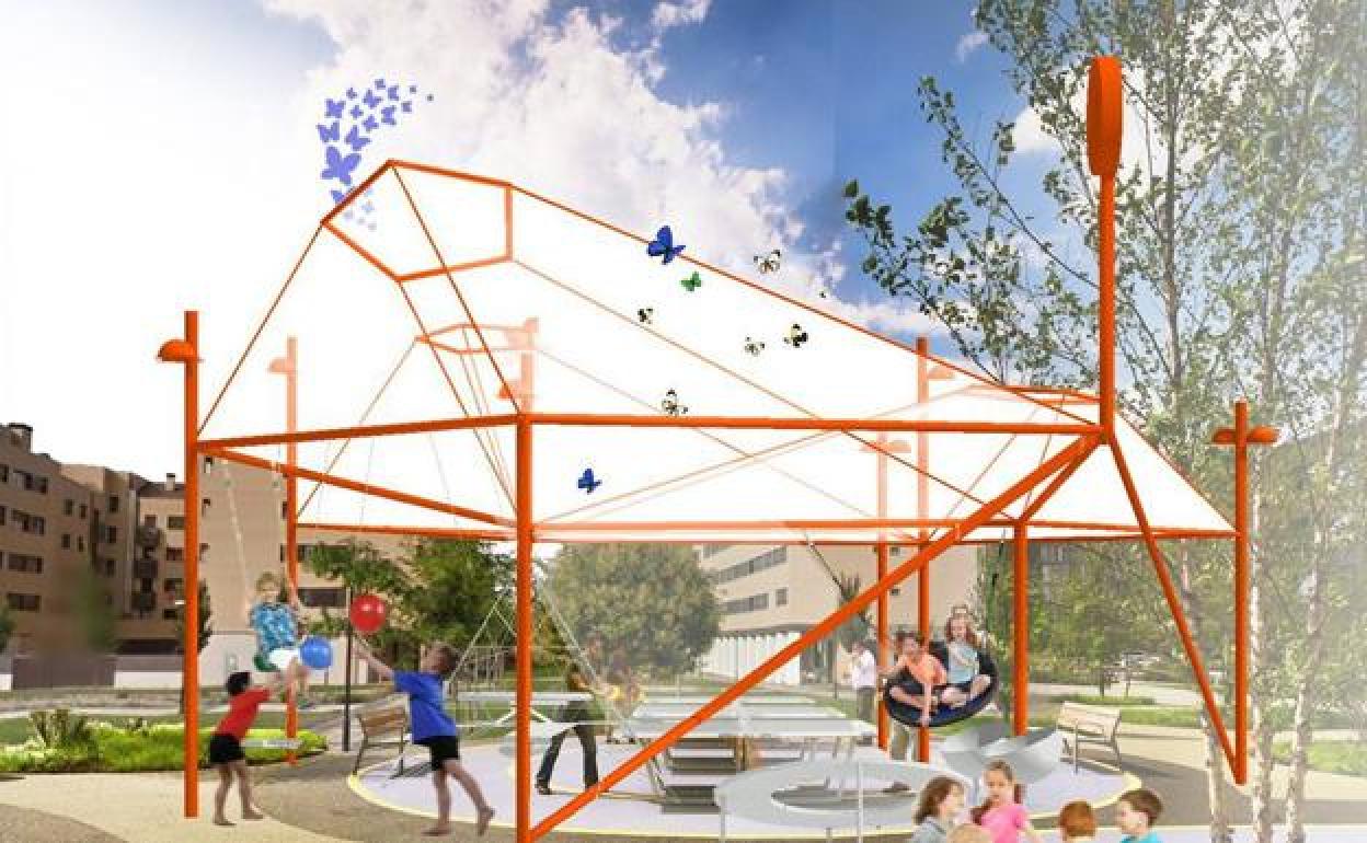 Recreación de la reforma para la zona infantil del parque de El Mazo, con nuevos columpios y una zona cubierta