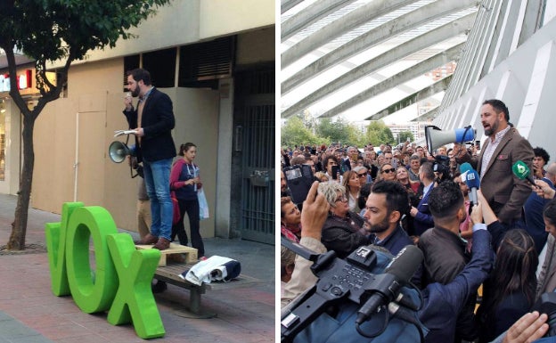 Santiago Abascal, predicando con un megáfono en 2015 y 2019.