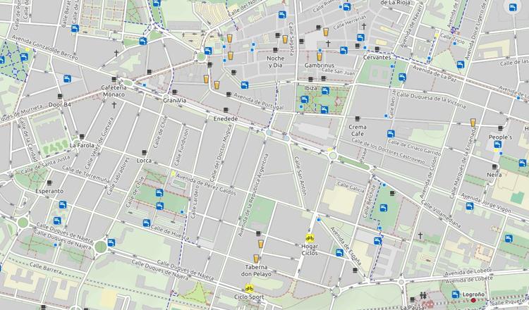 Mapa ampliado del centro de Logroño donde, además de los carriles bici, la web permite conocer los puntos de autoreparación existentes, cafeterías y fuentes