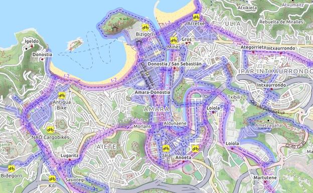 Imagen principal - San Sebastián y Vitoria superan en número a los carriles bici de Bilbao y también a los del resto de las ciudades de esta comparativa