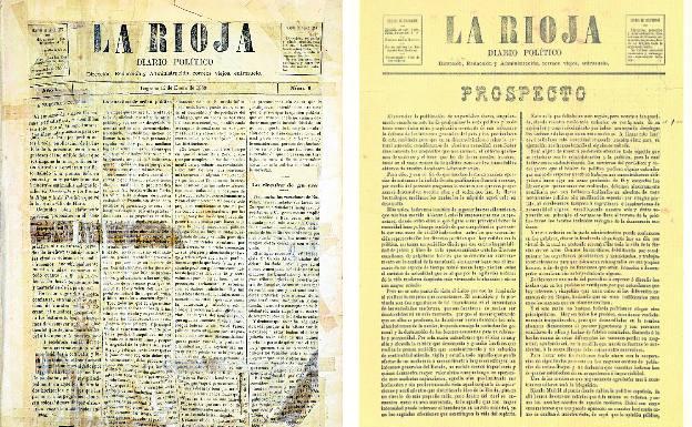 Historia de La Rioja. Portada del primer ejemplar de nuestro periódico y del prospecto de declaración de intenciones.