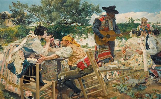 Imagen principal - De arriba abajo: 'Fiesta valenciana' de Sorolla; 'Campesina delante de una granja' de Van Gogh y mural 'G 103' de Chillida.