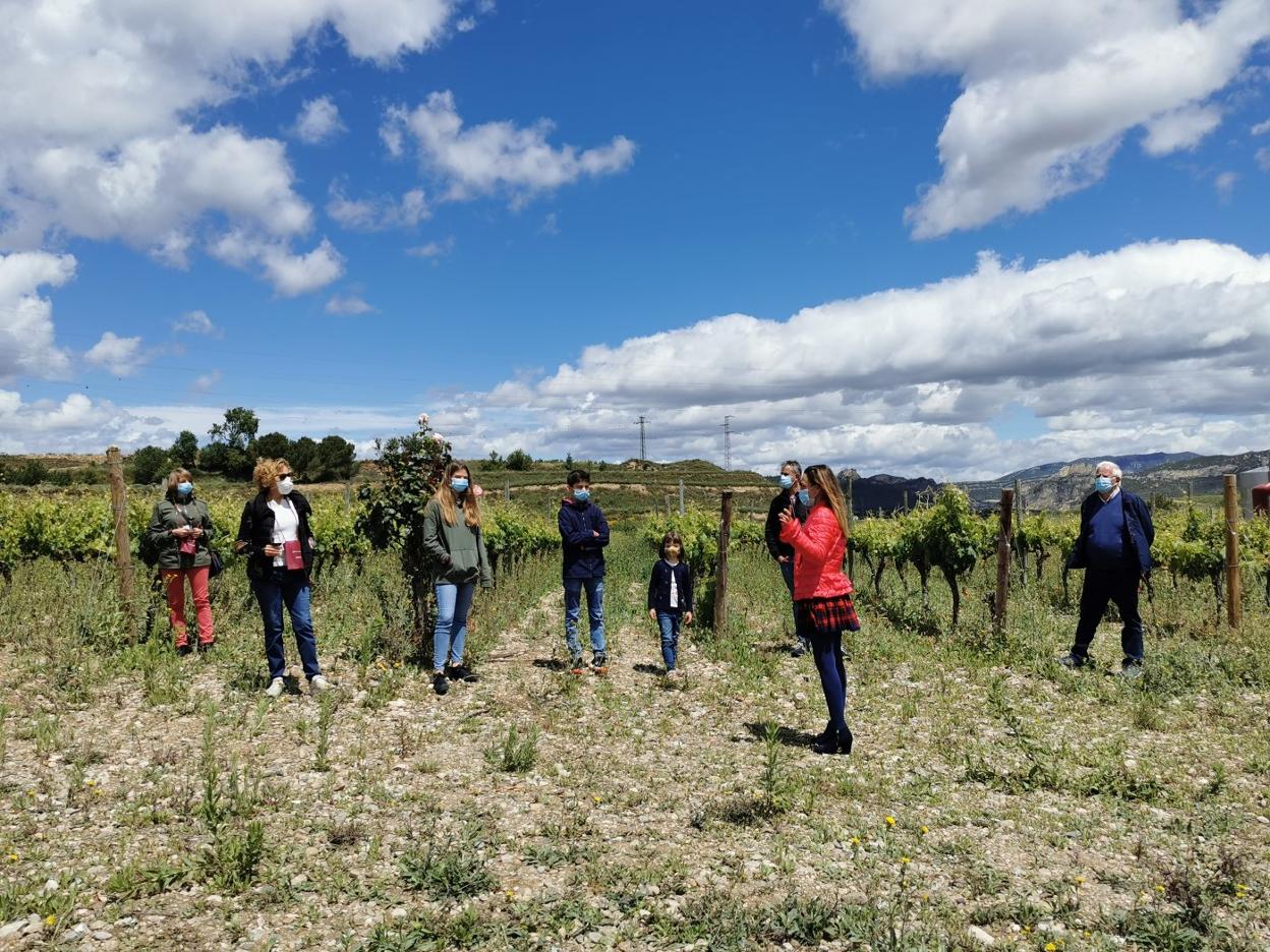 Una familia de Alcanadre durante su visita ayer a los viñedos de las Bodegas Bilbaínas. 