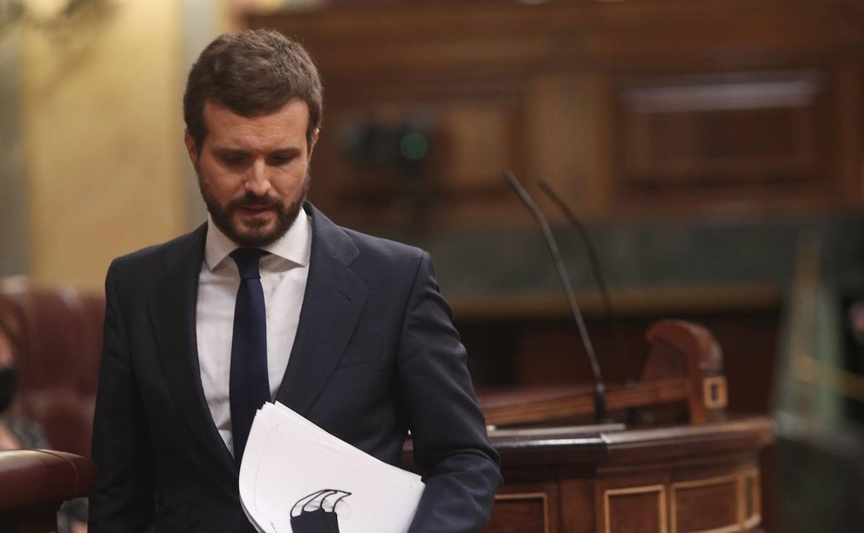 Pablo Casado, durante el pleno de la moción de censura de Vox.