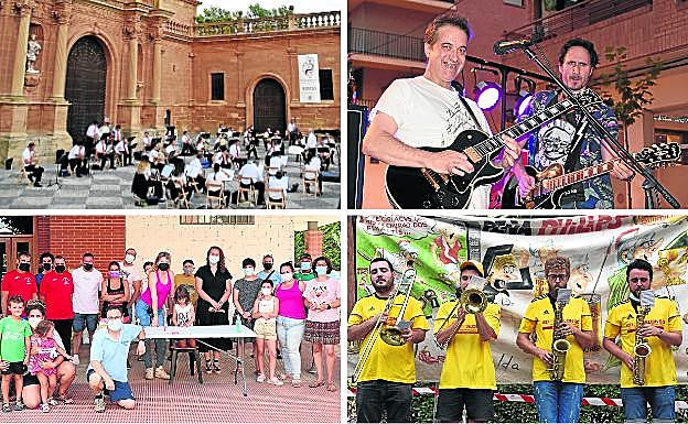 Arriba, actuaciones de la la Banda de Música y Rock Brothers. Abajo, manuallidades y ajedrez y los Rrotundos en el Mercadal. 