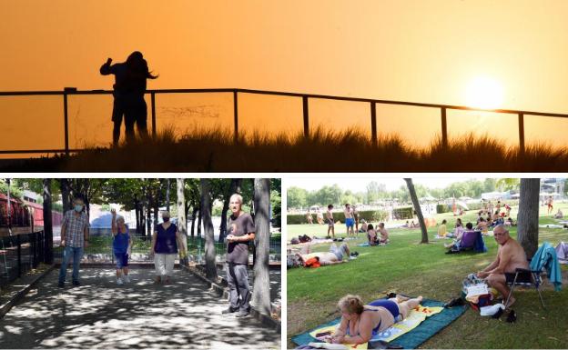 Arriba, pueta de sol desde el mirador del parque Felipe VI. Abajo, jugadores de petanca en el parque de Las Chiribitas, entre ellos José Luis García Labiano, presidente de la Federación riojana, y, a la derecha, Eloy Arrta se entretiene haciendo crucigrama en Las Norias mientras su mujer lee un libro. 