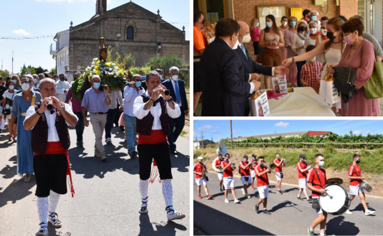 Procesión con los cofrades, autoridades y sacerdotes, precedida por los gaiteros de Albelda; reparto de pan y queso y la charanga Strapalucio. 