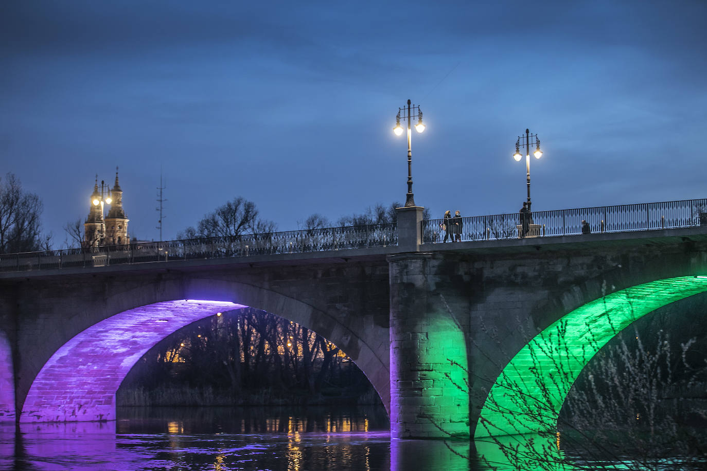 Además de las 16 farolas, esta noche se ha podido apreciar, y los logroñeses han inmortalizado este momento, las luces de colores en los ojos de la infraestructura