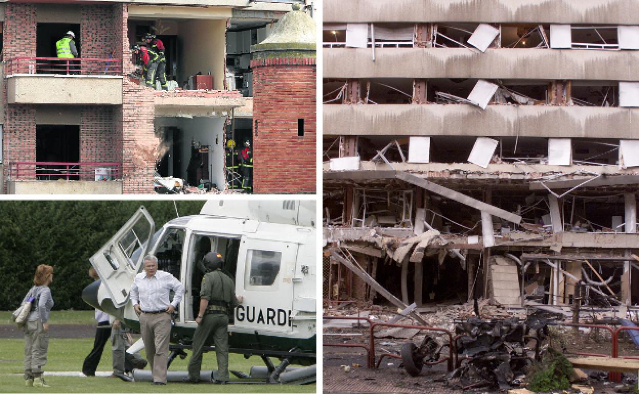Estado en el que quedó la casa cuartel de Calahorra tras la explosión de un coche bomba en el 2008. Garzón y Dolores Delgado llegan en helicóptero a Santo Domingo en julio del 2008. Y la torre de Logroño tras el explotar el coche bomba.