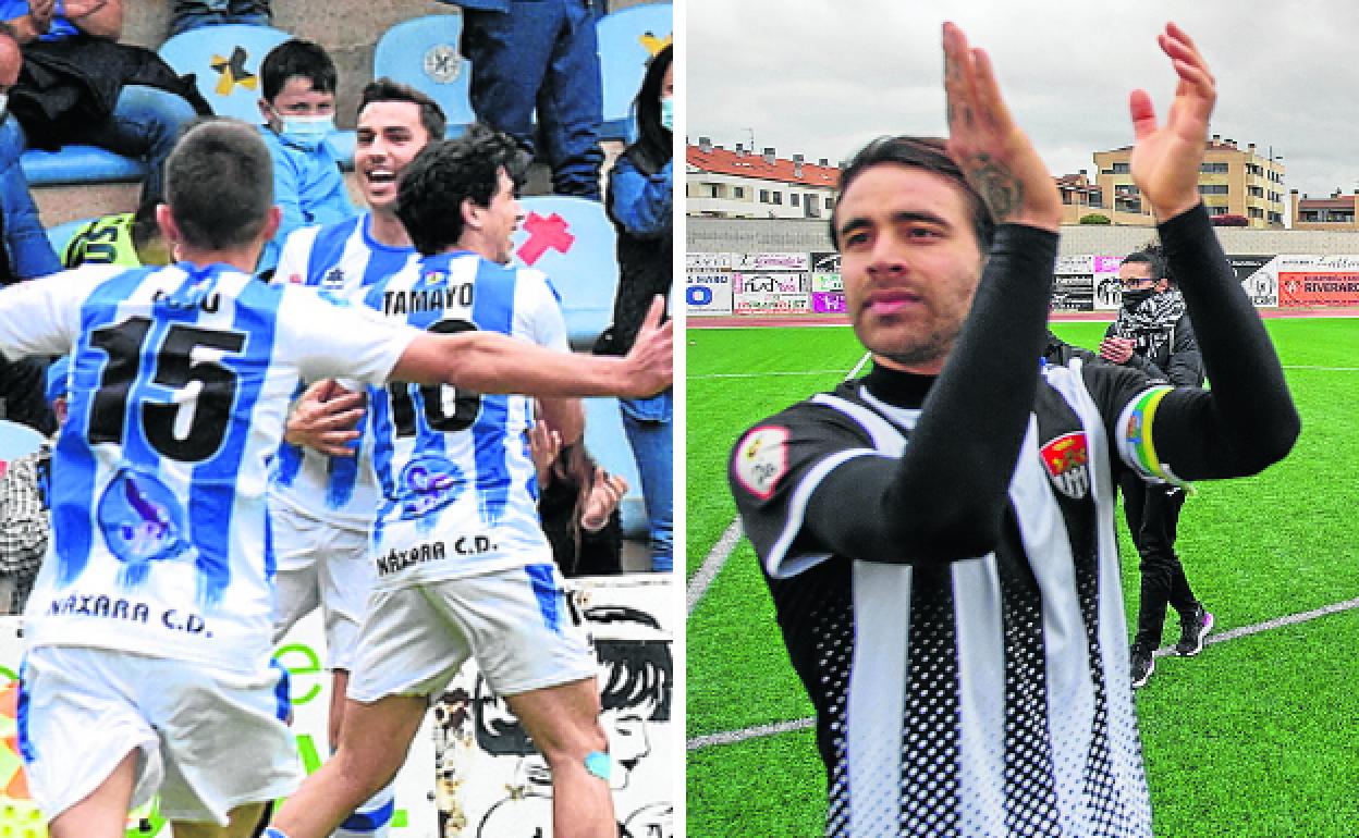 Los jugadores najerinos celebran uno de los goles ante el Anguiano que les valieron el ascenso mientras los jarreros agraden el apoyo a la afición. 