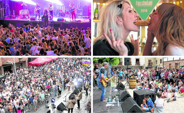 Arriba, Derby Motoreta's Burrito Kachimba durante el MUWI de 2019 y aos mujeres comparten un fardelejo en un acto del Fárdelej. Abajo, Actuación en la calle de The Flaming Shakers durante el festival Fárdelej y concierto de Vuelo 505 en la plaza de la Verdura durante el Ezcaray Fest. 