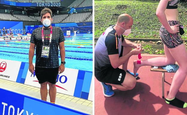 Darío Carreras, junto a la piscina que define como «enorme y preciosa». El fisioterapeuta Jorge Canseco trata a una deportista. 