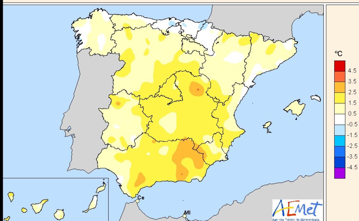 En agosto se superaron los 40 grados en muchas zonas de España. En este mapa, las anomalías de temperatura respecto a la media de agosto. En algunos puntos (los anaranjados) fue hasta de tres grados más. 