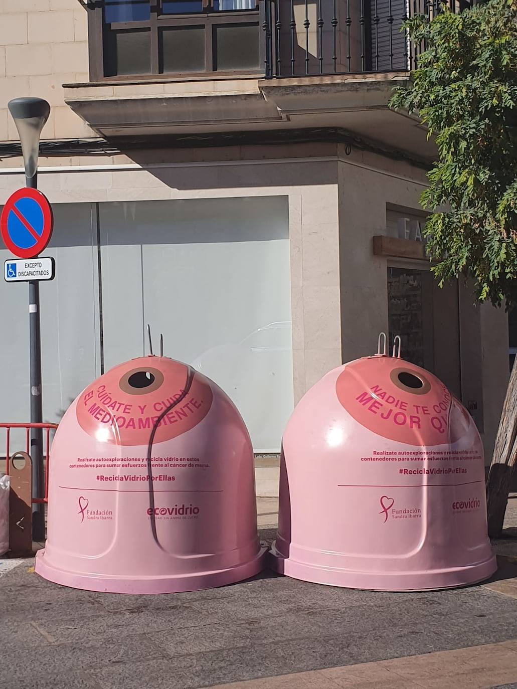 Contenedores rosas colocados en la plaza del Raso. 