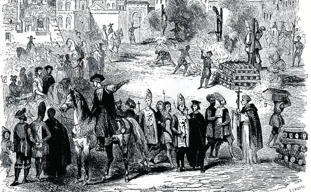 Las hogueras. Dibujo sobre la Inquisición española, realizado por M. V. De Féréal (París, 1845). 